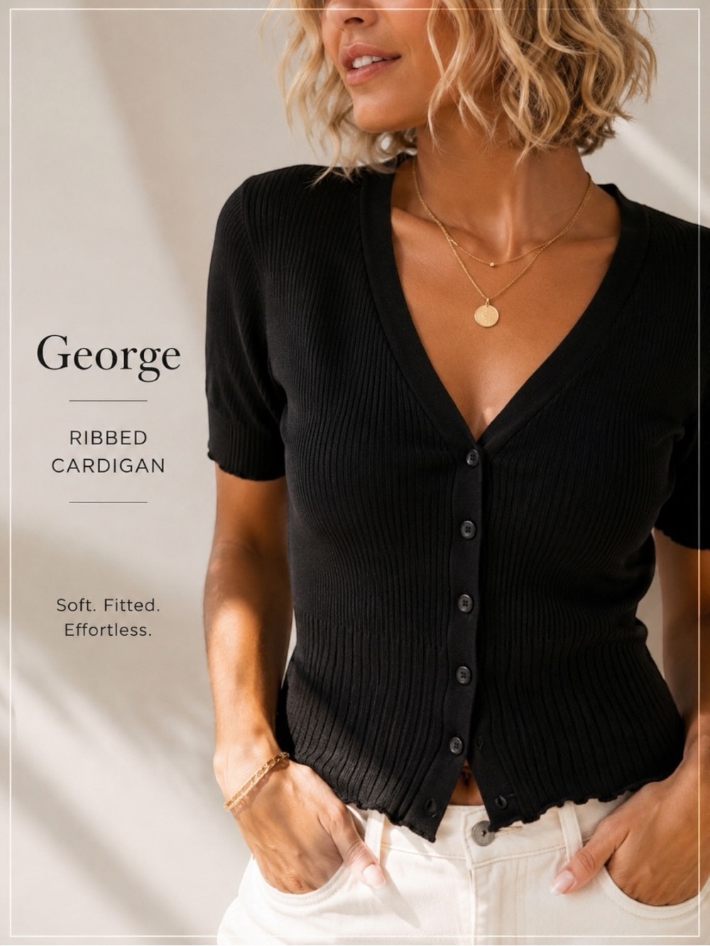 George Black Ribbed Cardigan Top XS Short Sleeve V-Neck Button Front Fitted
